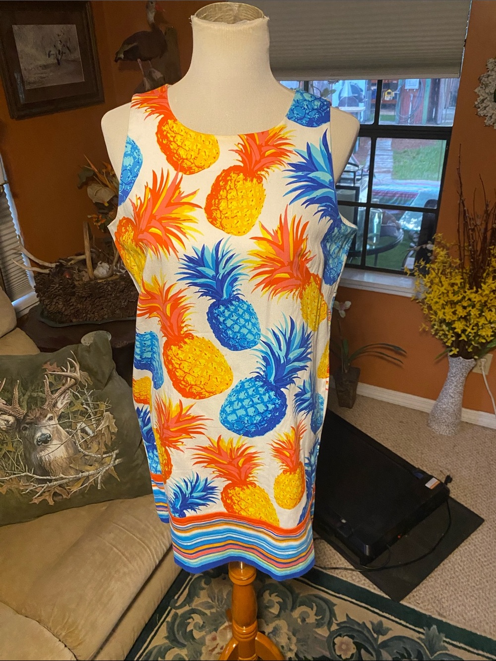 PINEAPPLE Print Cotton Shift Dress - White with Blue, Yellow, Orange